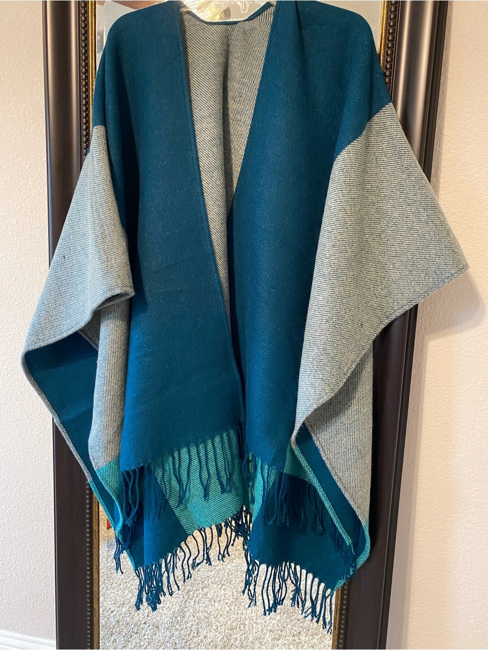 Echo New York Reversible Teal and Light Gray Fringe Cape Wrap